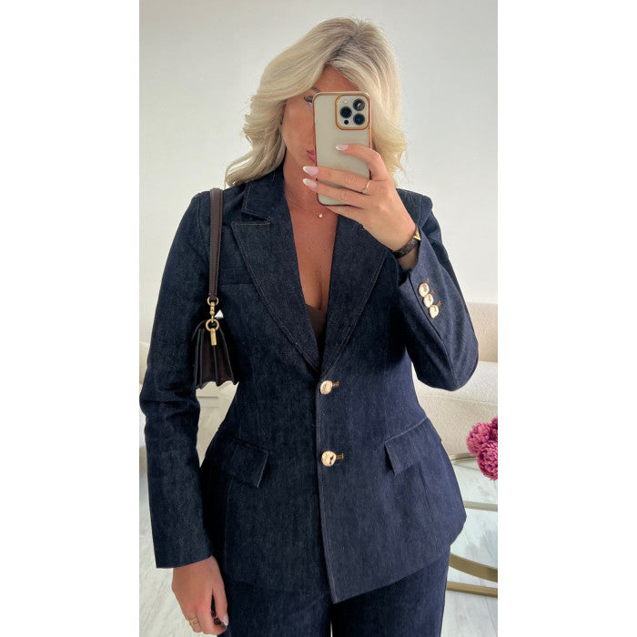 Blazer denim brut cintré détails dorés