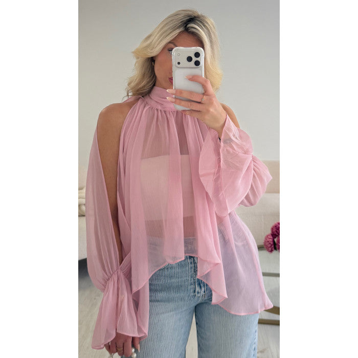 Blouse mousseline marches fendues rose