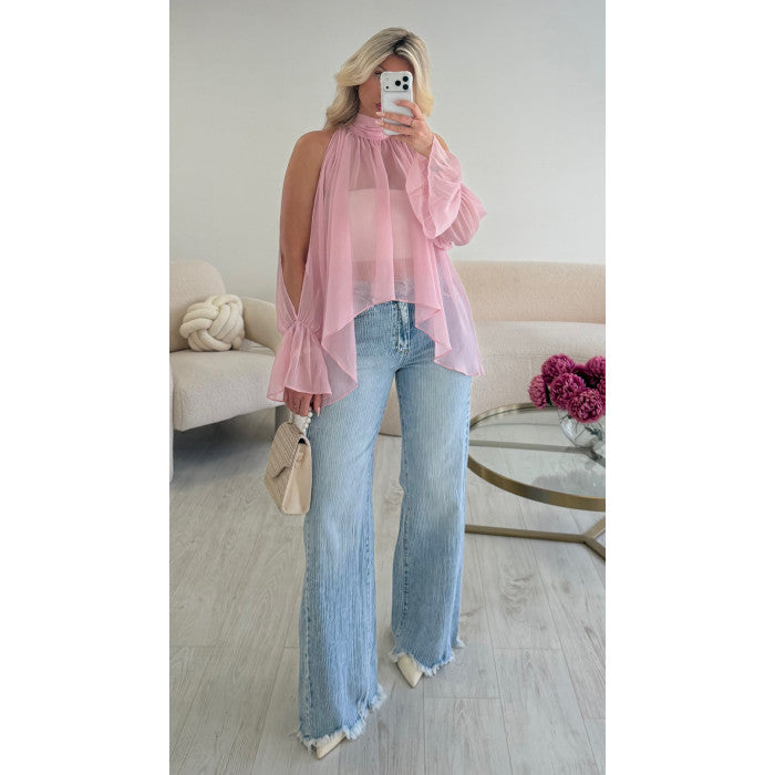Blouse mousseline marches fendues rose