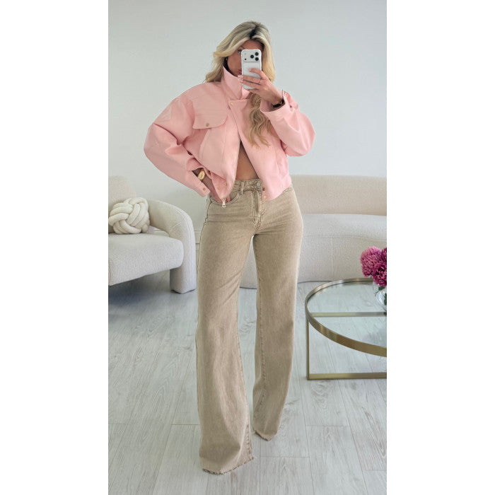 Bomber simili courte col montant rose pastel