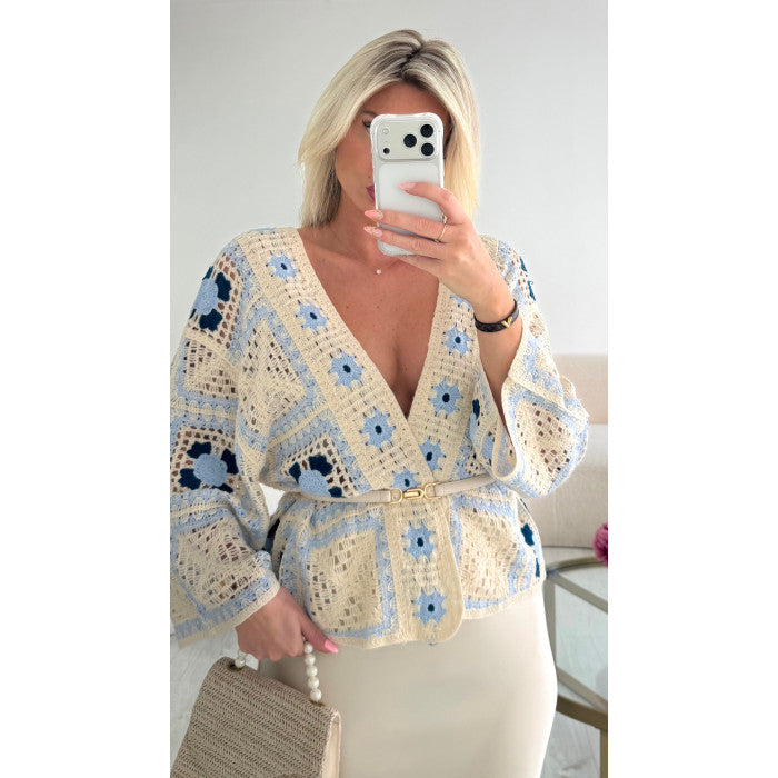 Cardigan crochet bleu/beige