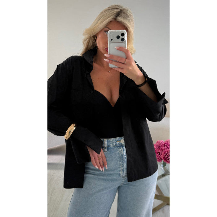 Chemise coton manche évasées noir