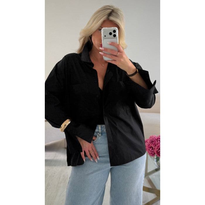Chemise coton manche évasées noir