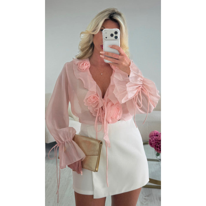 Chemise mousseline fleurs rose poudré