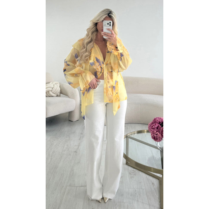 Chemise mousseline jaune fleurs bleu
