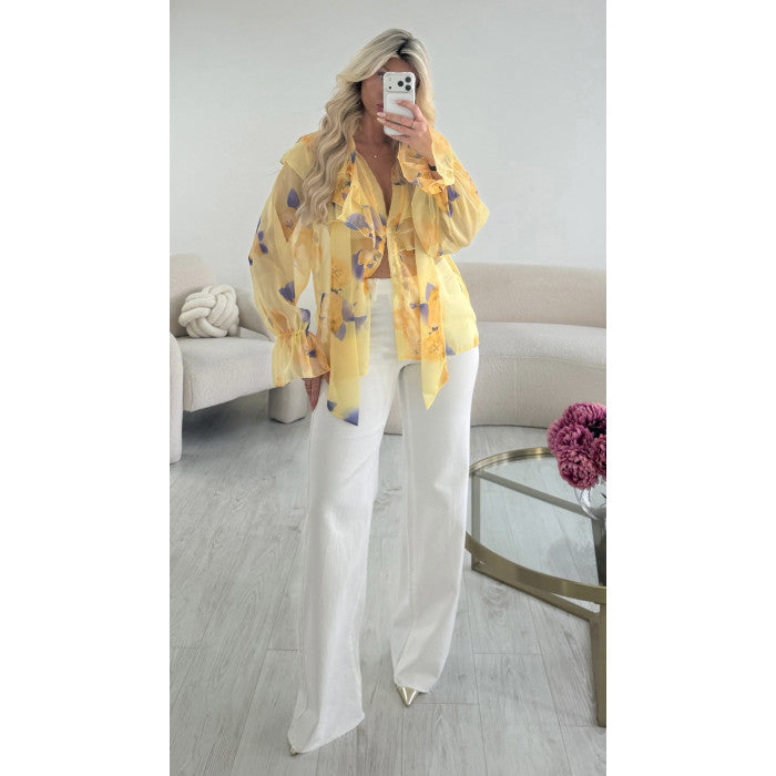 Chemise mousseline jaune fleurs bleu
