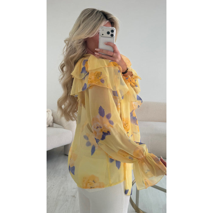Chemise mousseline jaune fleurs bleu