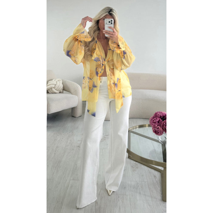 Chemise mousseline jaune fleurs bleu