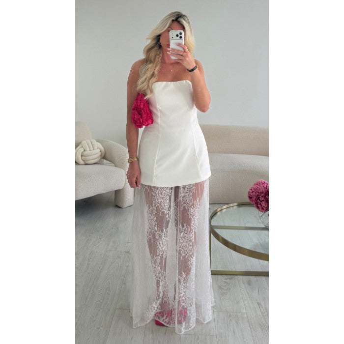 Ensemble bustier/jupe longue dentelle blanche