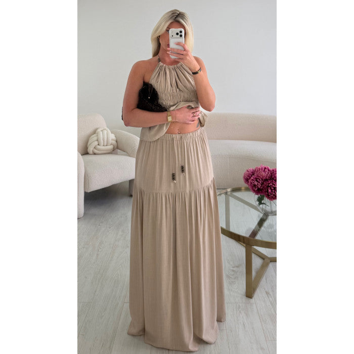 Ensemble jupe lin beige bijoux