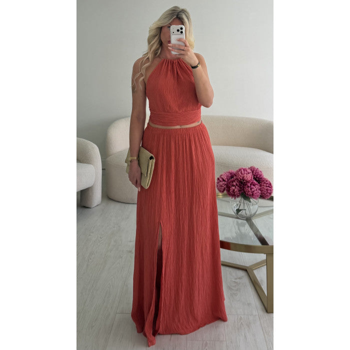 Ensemble jupe longue terracotta détails
