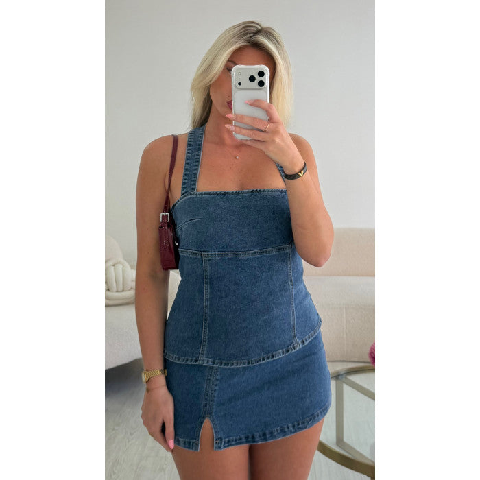 Ensemble jupe short denim bleu