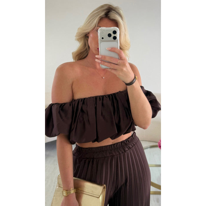 Ensemble pantalon bustier plissée choco