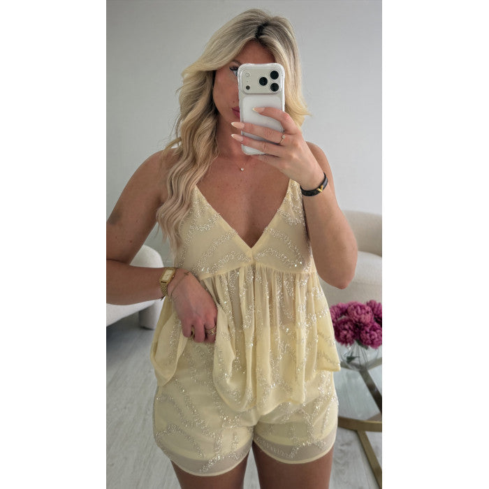 Ensemble short sequins jaune pastel