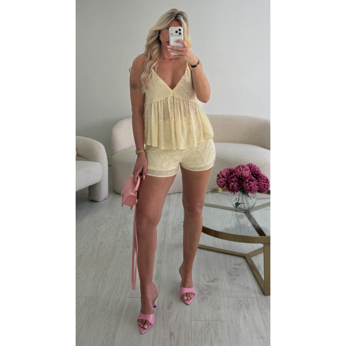 Ensemble short sequins jaune pastel