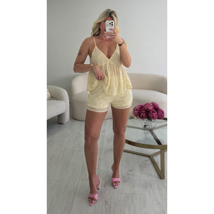 Ensemble short sequins jaune pastel