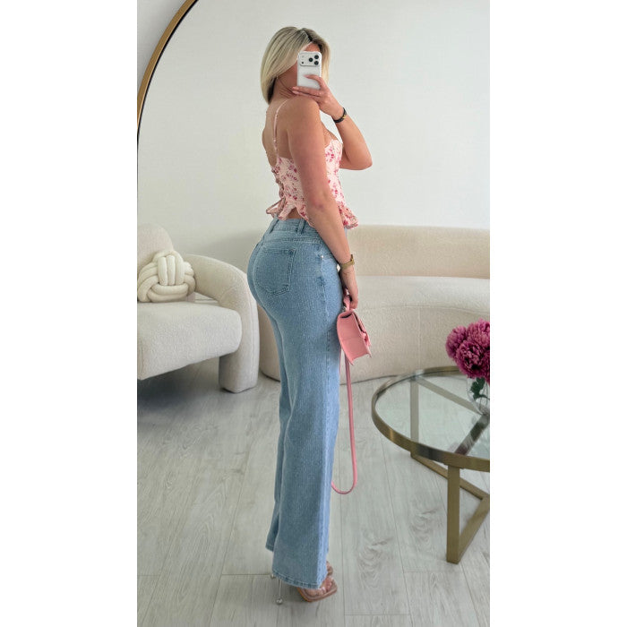 Jeans mom droit bleu texturé