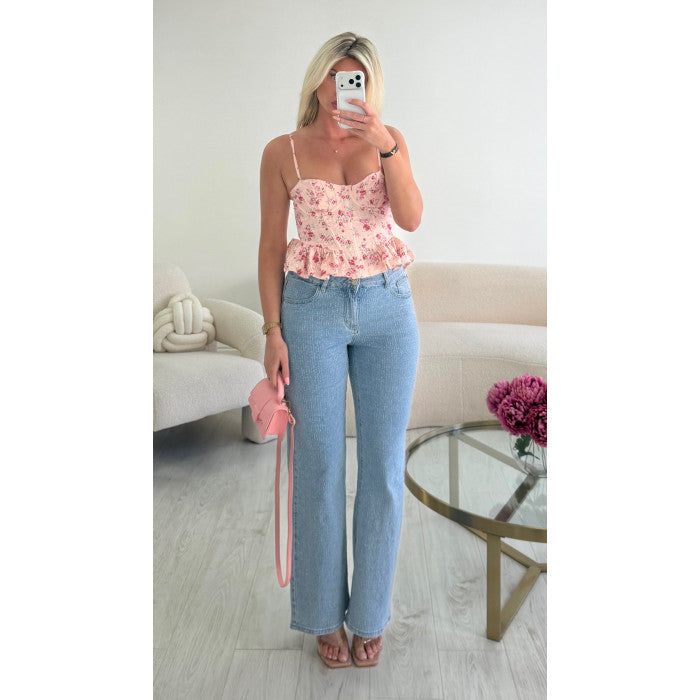 Jeans mom droit bleu texturé