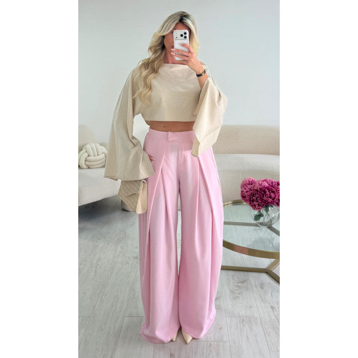 Pantalon barrel pince rose poudré