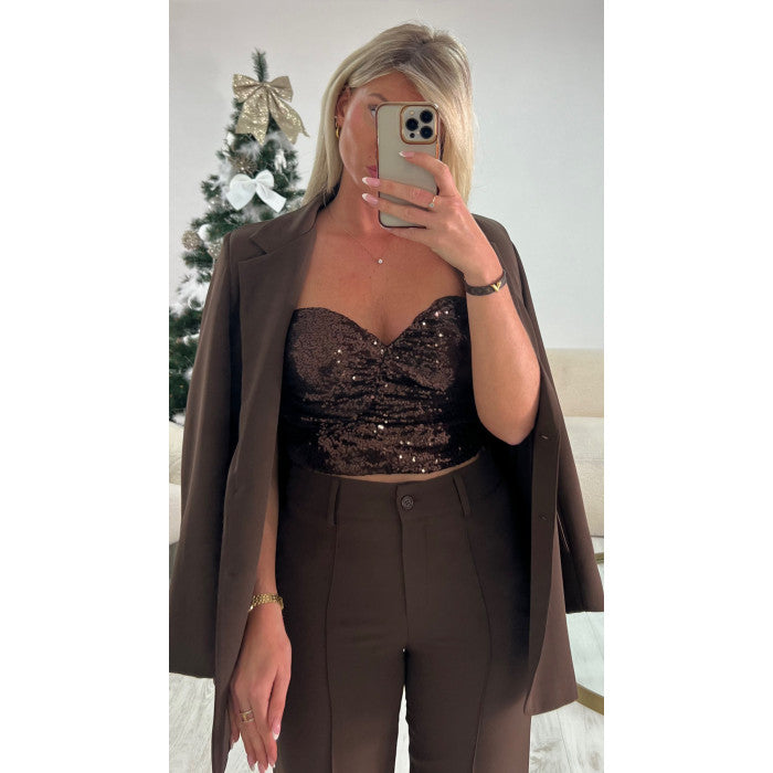 Pantalon couture taille haute choco