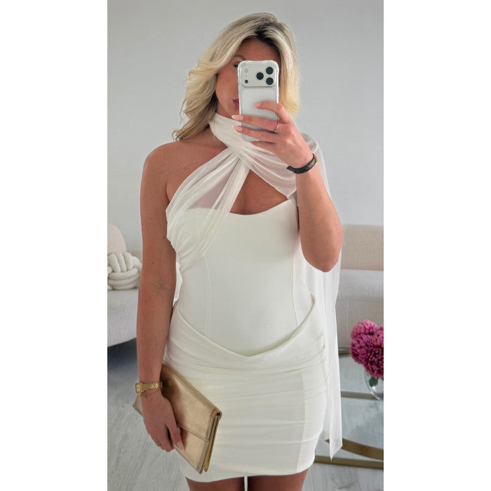 Robe col bustier drapé blanche courte