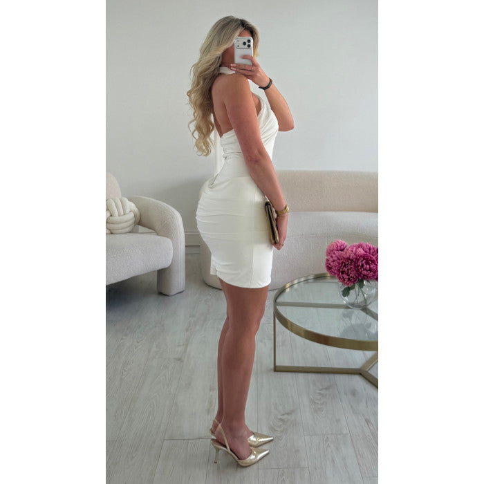 Robe col bustier drapé blanche courte