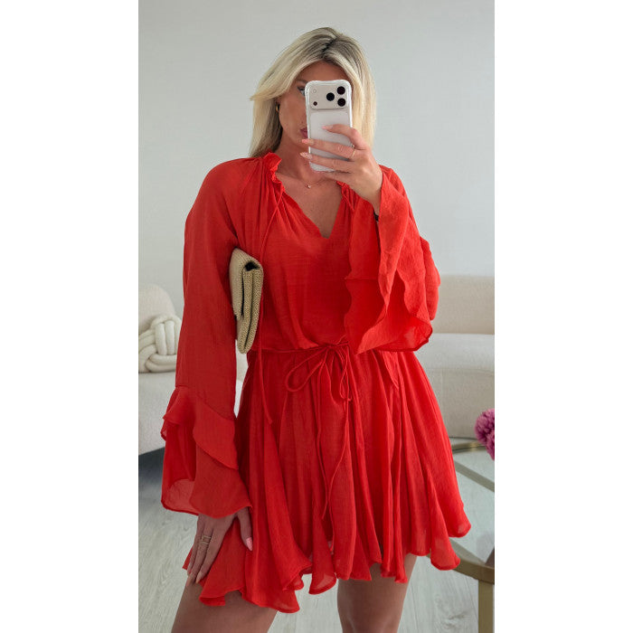 Robe fluide volanté corail