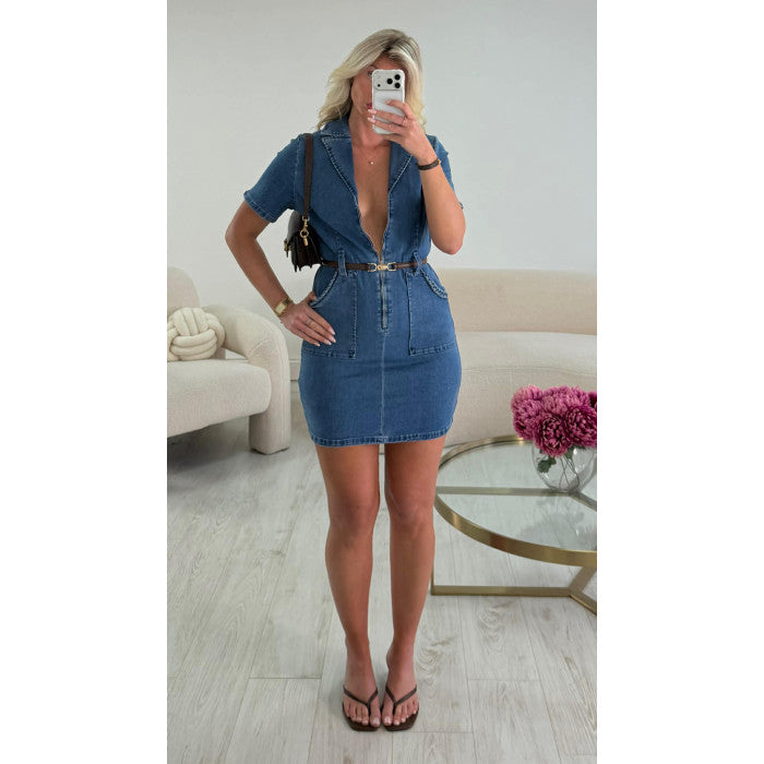 Robe jeans tressée bleu coton