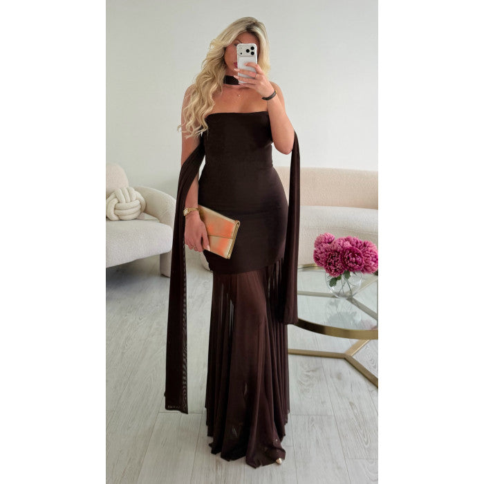 Robe longue col bustier tulle choco