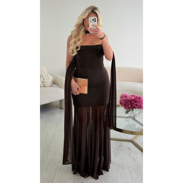Robe longue col bustier tulle choco