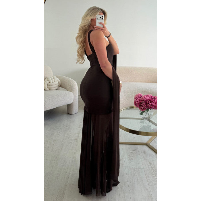 Robe longue col bustier tulle choco