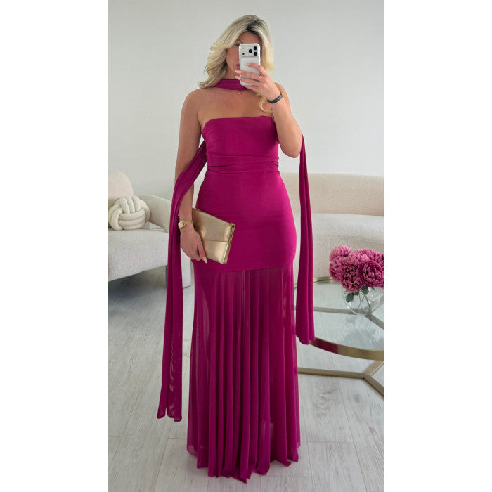 Robe longue col bustier tulle fuchsia