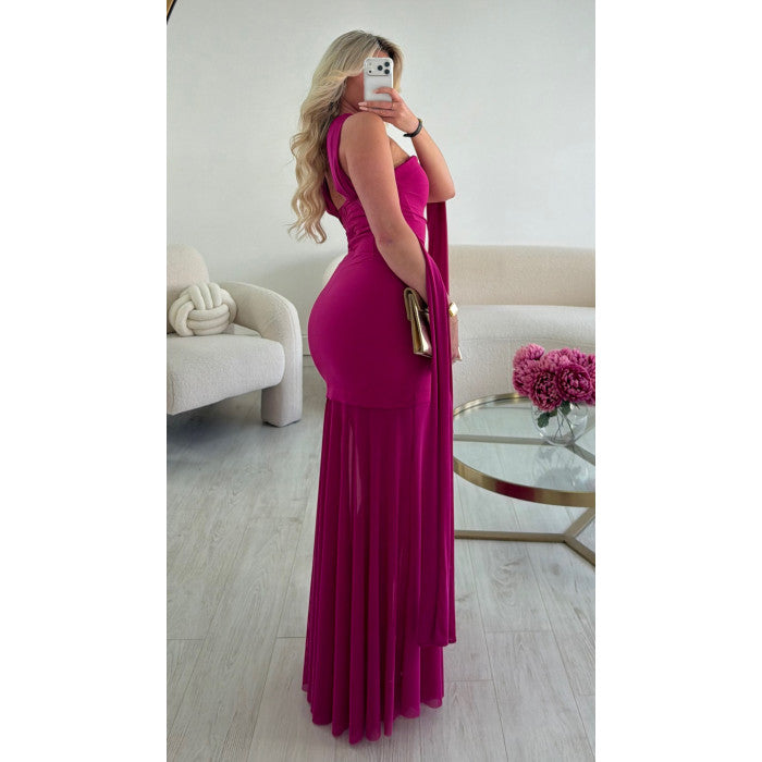 Robe longue col bustier tulle fuchsia