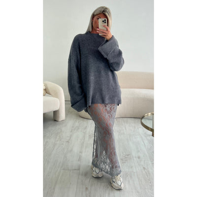 Robe longue dentelle grise