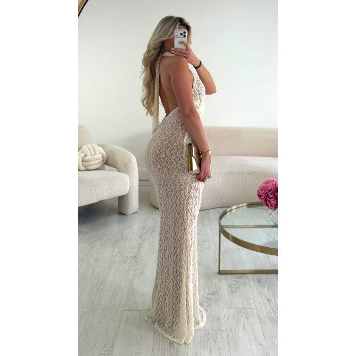 Robe longue dos nu dentelle ivoire