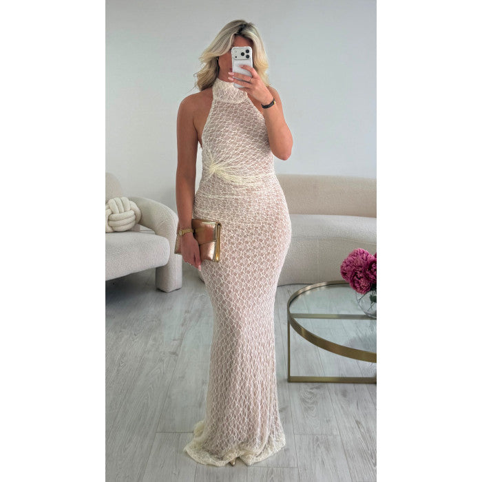 Robe longue dos nu dentelle ivoire