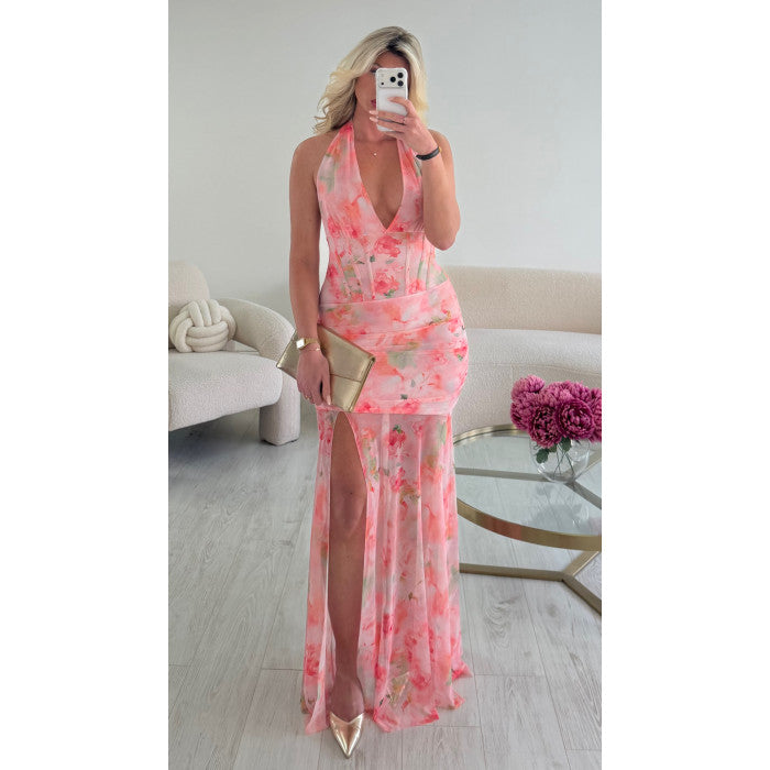 Robe longue tulle fleur rose