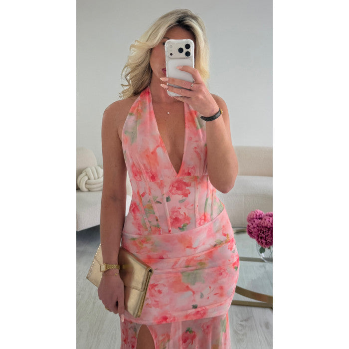 Robe longue tulle fleur rose