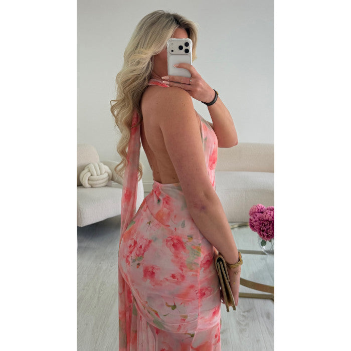 Robe longue tulle fleur rose