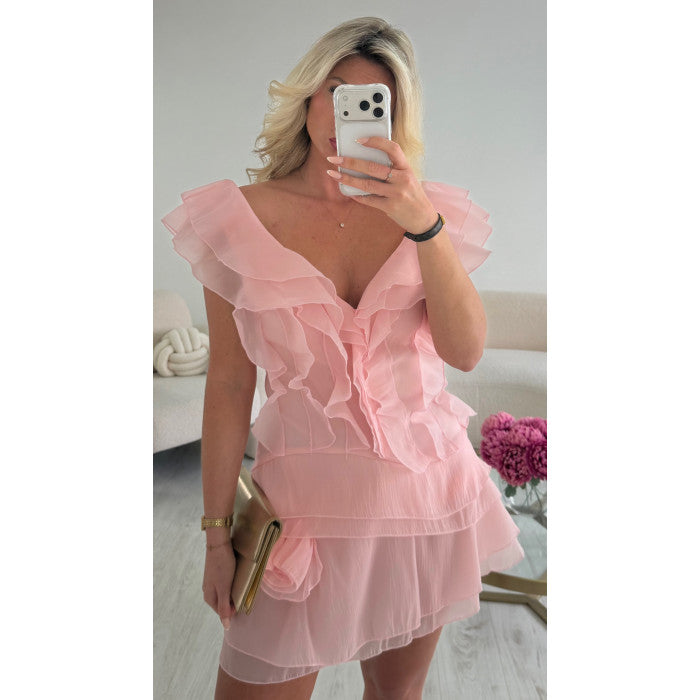 Robe/combi mesh fleurs rose poudrée