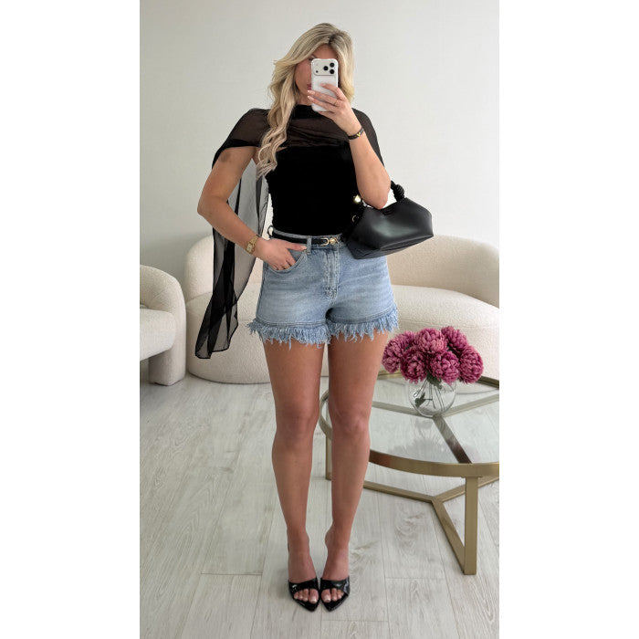 Short jeans frange bleu clair