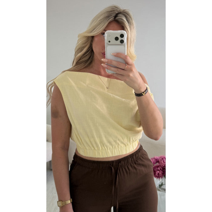 Top asymétrique coton jaune pastel