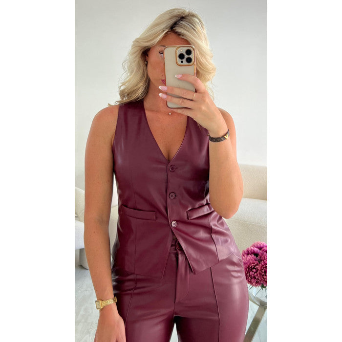 Top boléro simili cuir bordeaux