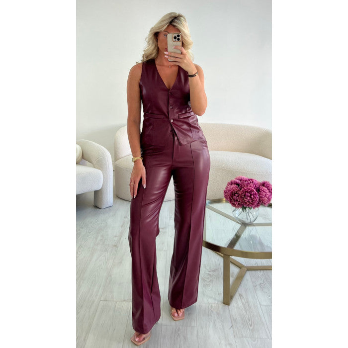 Top boléro simili cuir bordeaux