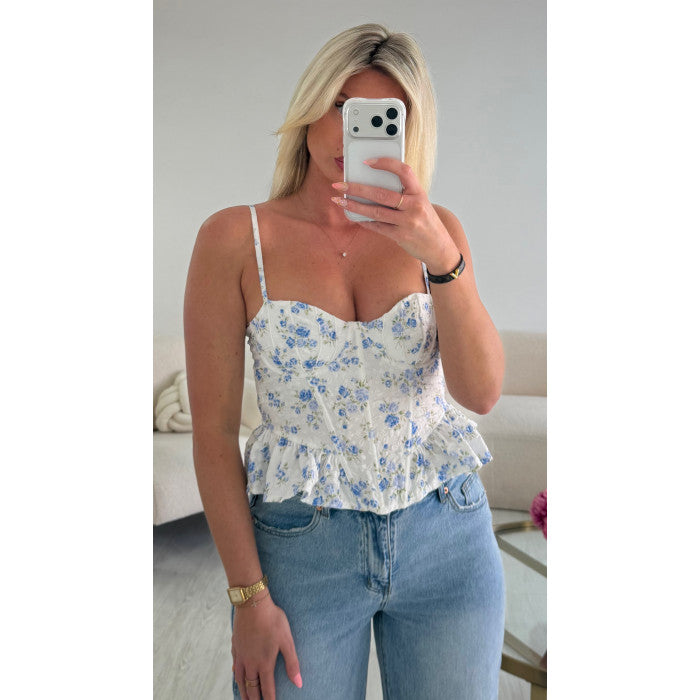 Top corset fleurs bleu peplum
