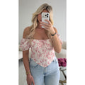 Top corset fleurs rose manches bouffantes