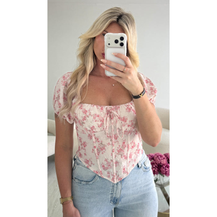 Top corset fleurs rose manches bouffantes