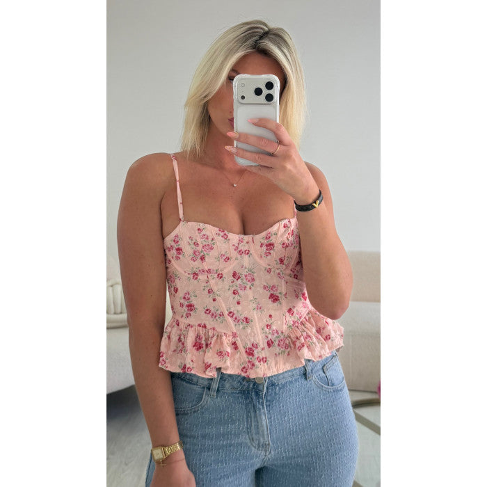 Top corset fleurs rose peplum