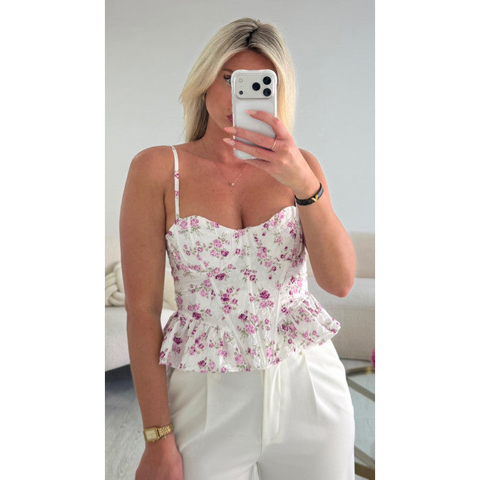 Top corset fleurs violet peplum