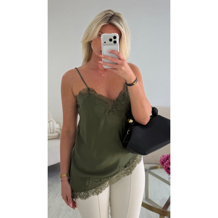 Top dentelle kaki satin asymétrique
